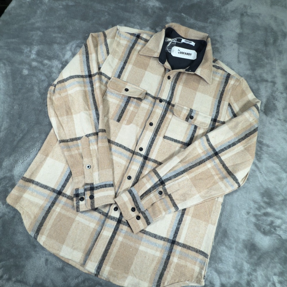 NWT COOFANDY MENS SIZE M HEAVY FLANNEL LONG SLEEVE BROWN PLAID BUTTON DOWN SHIRT